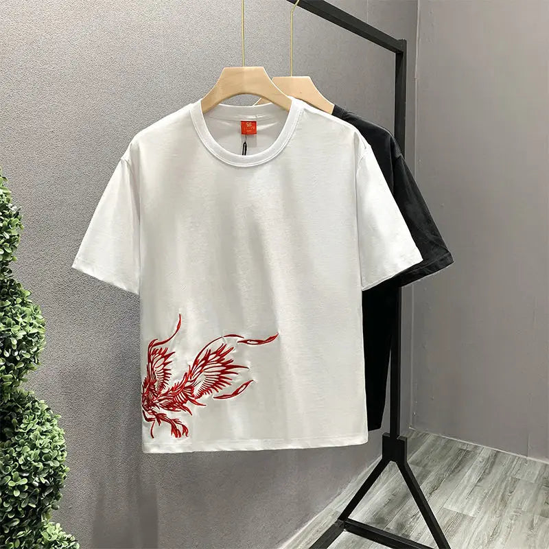 Casual unisex short sleeve crew neck white T-shirt with phoenix print