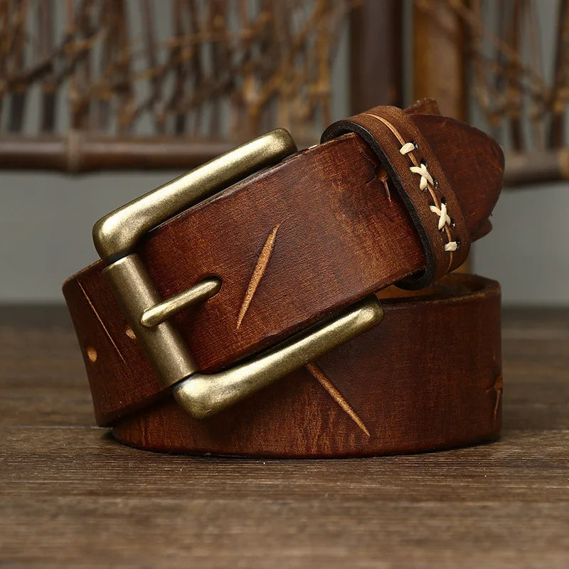 Classic men’s leather belt with antique brass hardware