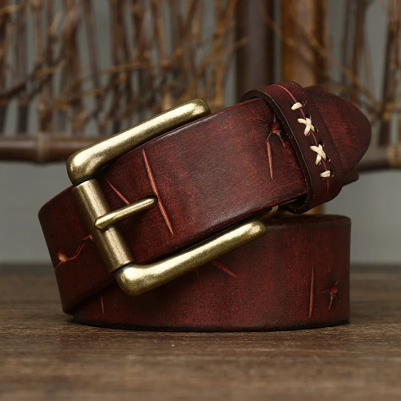 Classic men’s leather belt with antique brass hardware