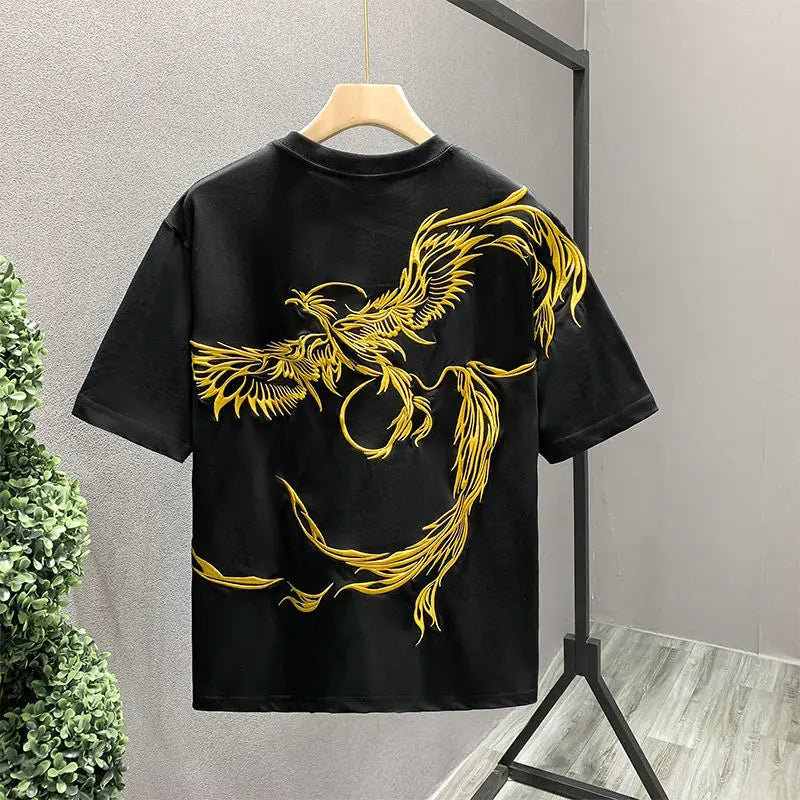 Casual unisex short sleeve crew neck Black T-shirt with phoenix print