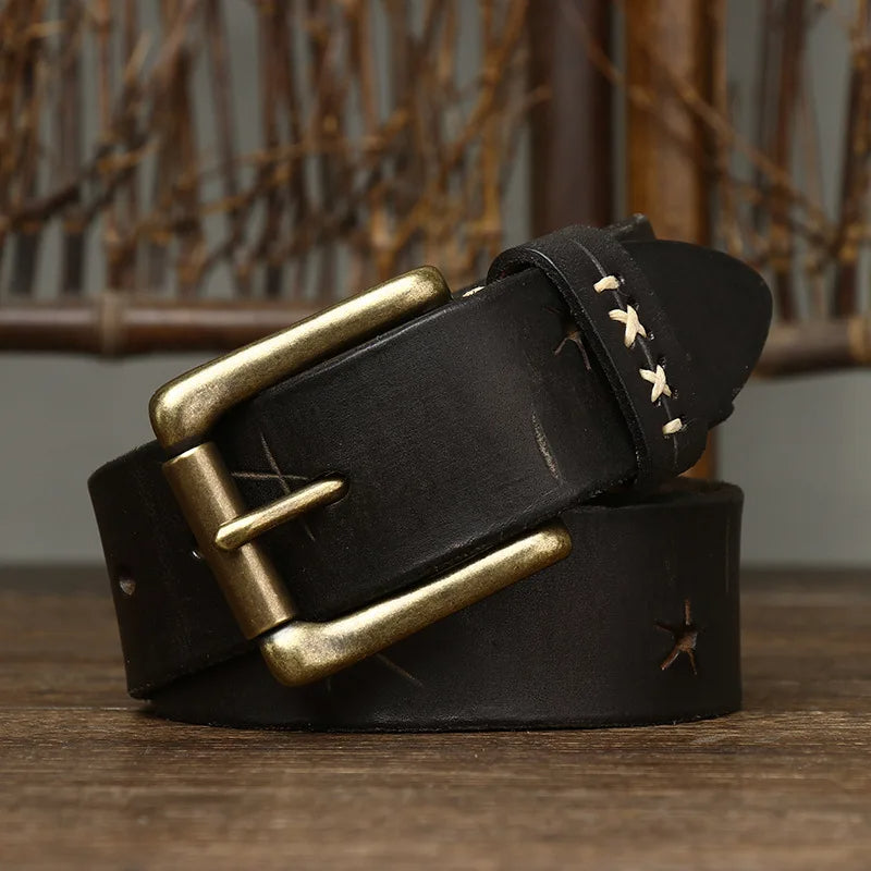 Classic men’s leather belt with antique brass hardware