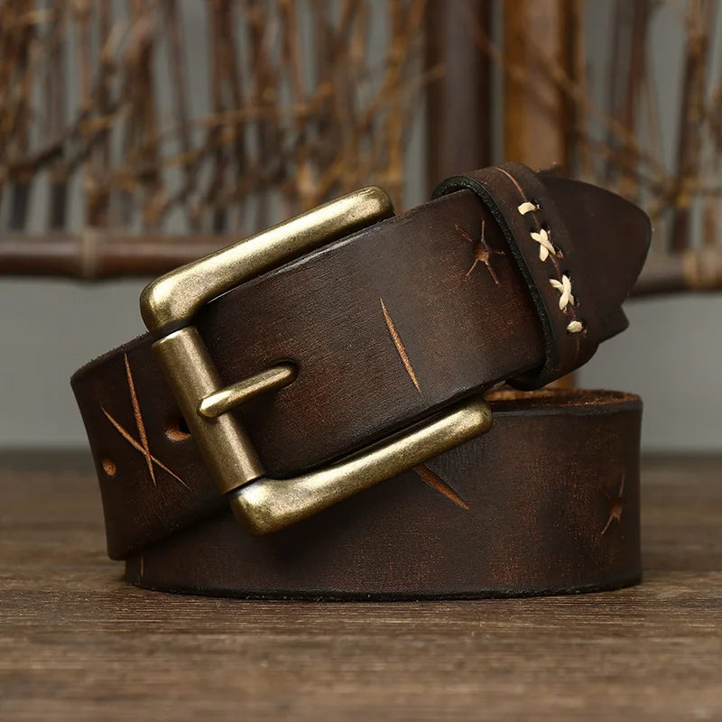 Classic men’s leather belt with antique brass hardware