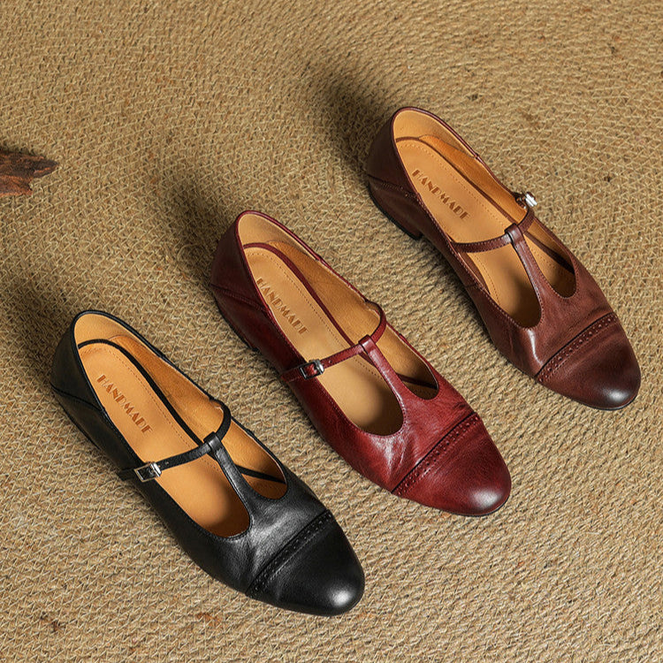 Vintage leather handmade flats for women with round toe & adjustable strap.
