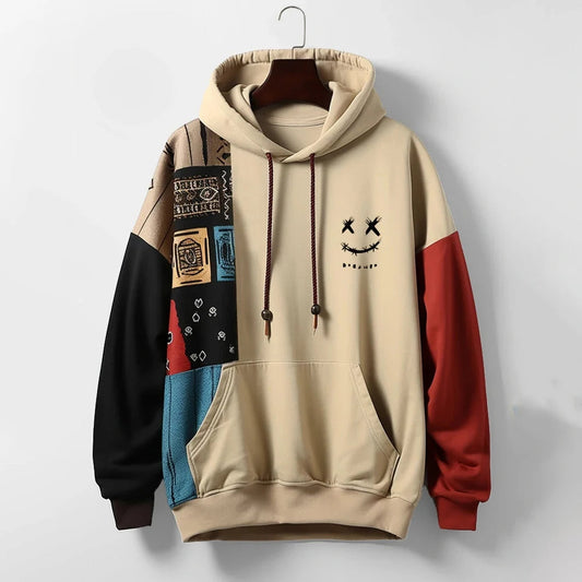 Men’s hoodie with patchwork color block sleeves and graphic design