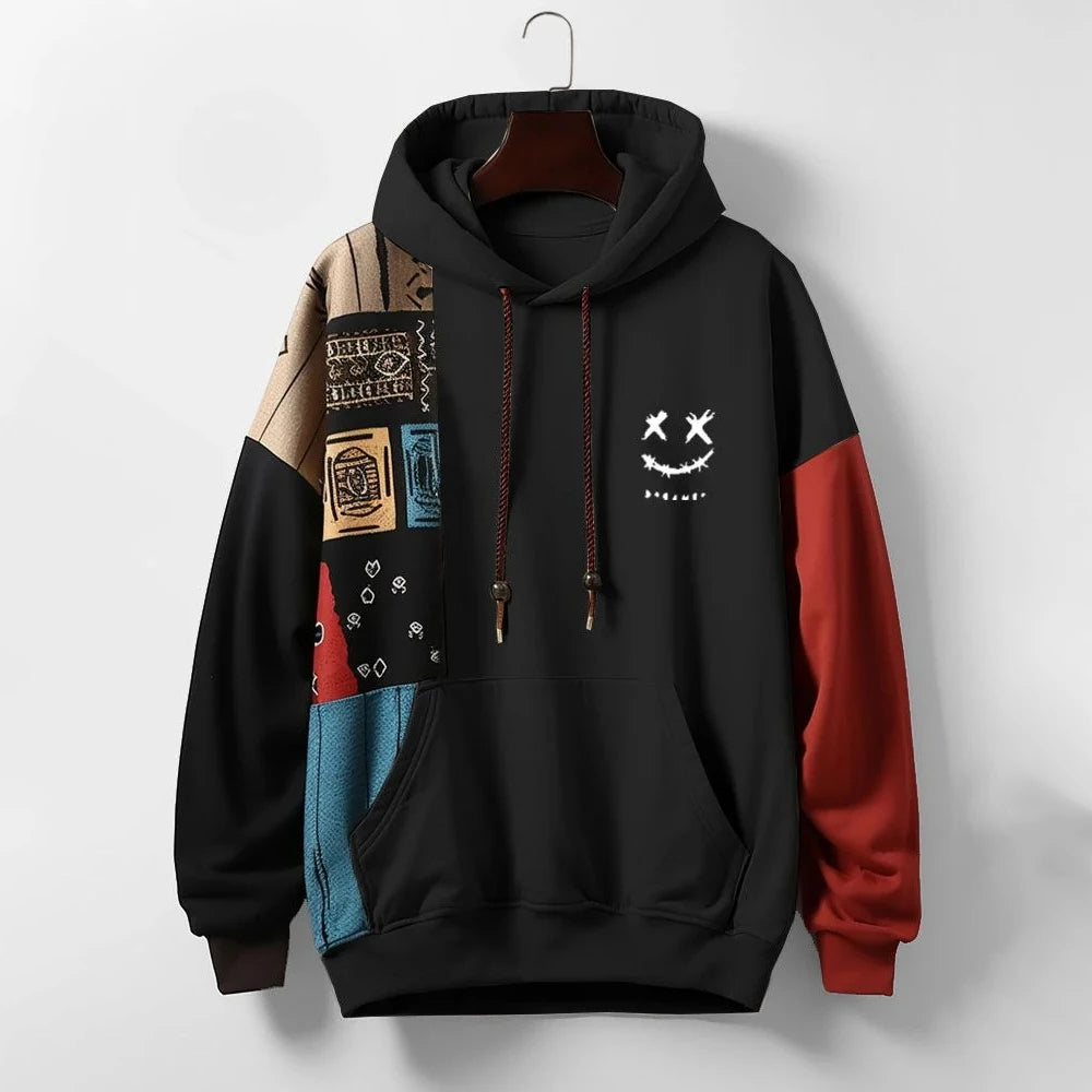 Men’s hoodie with patchwork color block sleeves and graphic design