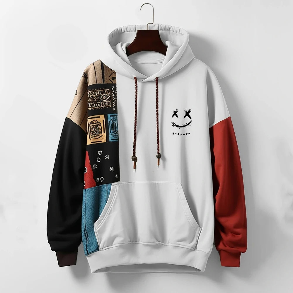 Men’s hoodie with patchwork color block sleeves and graphic design
