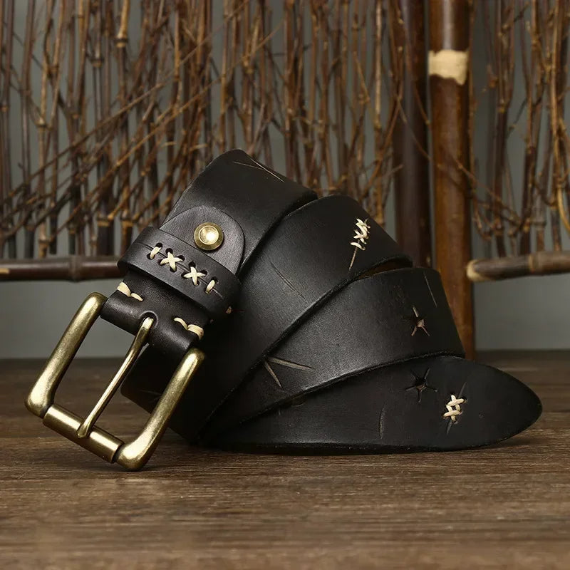 Classic men’s leather belt with antique brass hardware