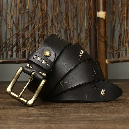 Classic men’s leather belt with antique brass hardware