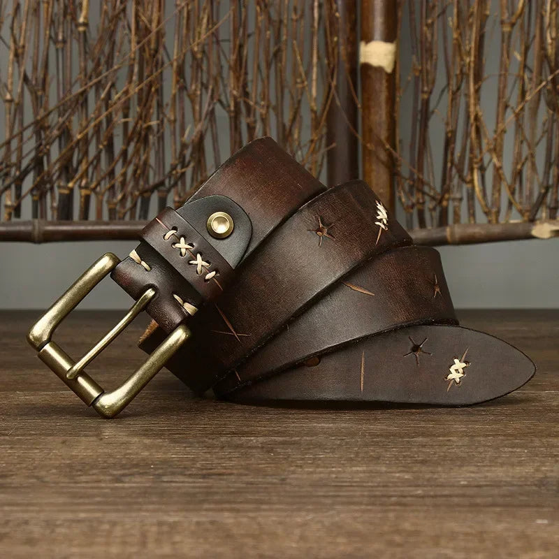 Classic men’s leather belt with antique brass hardware