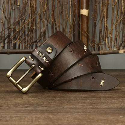 Classic men’s leather belt with antique brass hardware