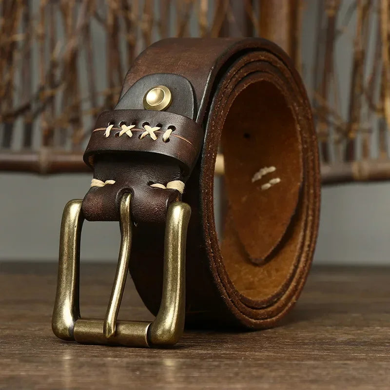 Classic men’s leather belt with antique brass hardware