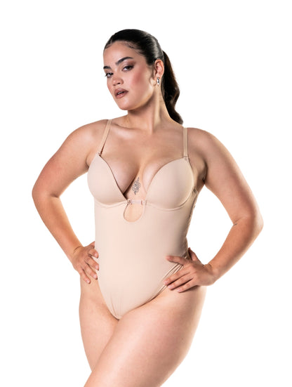 Women’s nude shapewear bodysuit with thong and adjustable straps