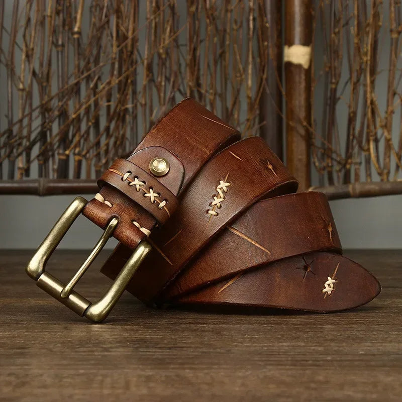 Classic men’s leather belt with antique brass hardware