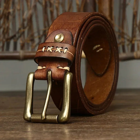 Classic men’s leather belt with antique brass hardware
