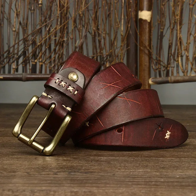 Classic men’s leather belt with antique brass hardware