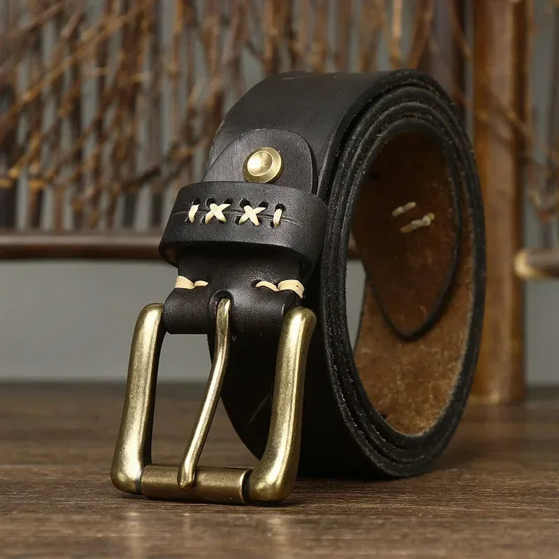 Classic men’s leather belt with antique brass hardware