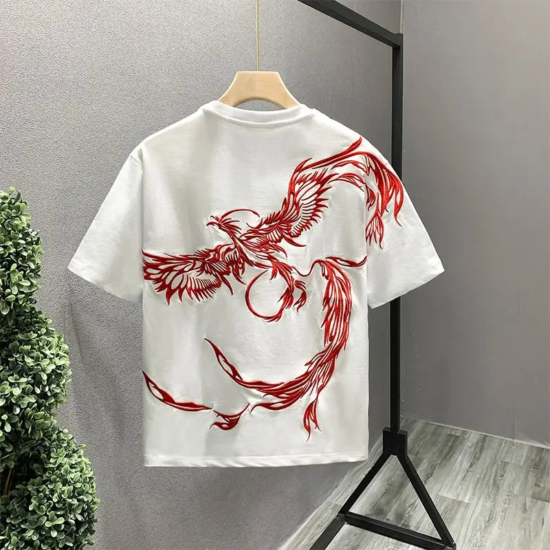 Casual unisex short sleeve crew neck white T-shirt with phoenix print