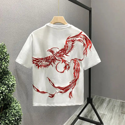 Casual unisex short sleeve crew neck white T-shirt with phoenix print