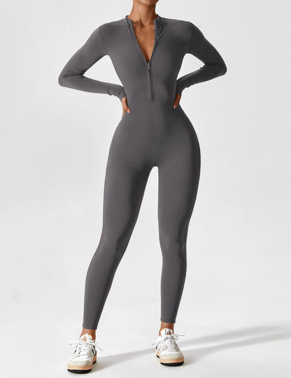 Women - Long Sleeve/ Short Sleeve Zipper Jumpsuit