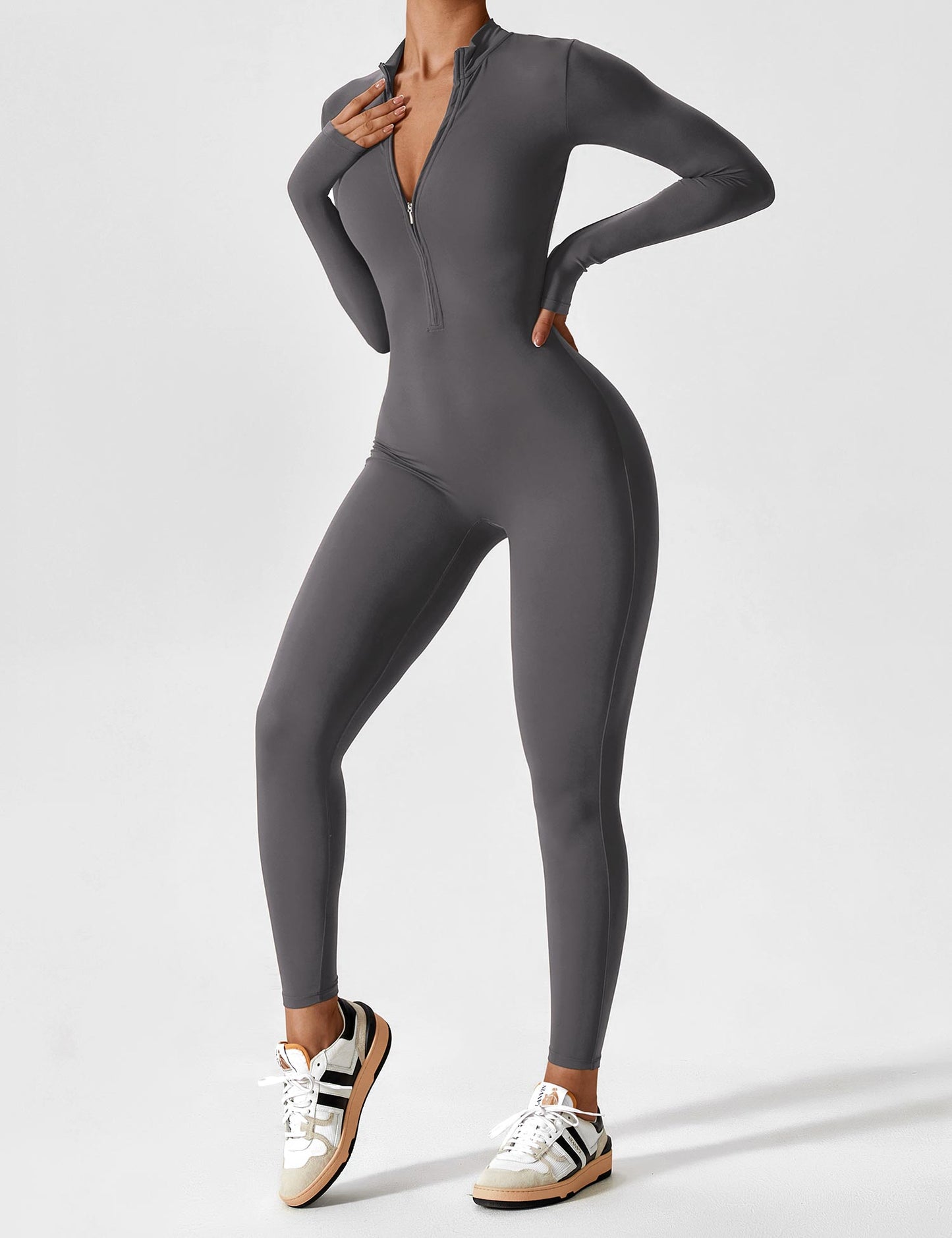 Women - Long Sleeve/ Short Sleeve Zipper Jumpsuit
