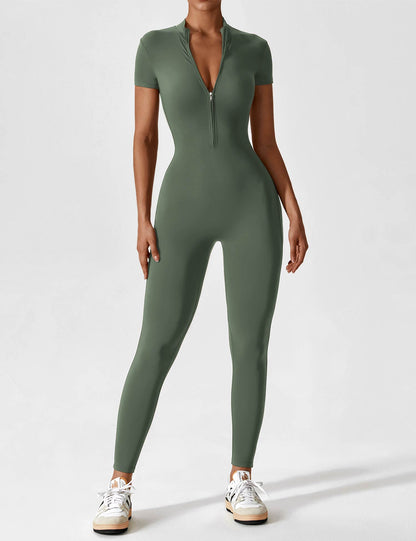 Women - Long Sleeve/ Short Sleeve Zipper Jumpsuit