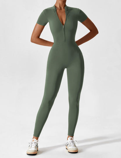 Women - Long Sleeve/ Short Sleeve Zipper Jumpsuit
